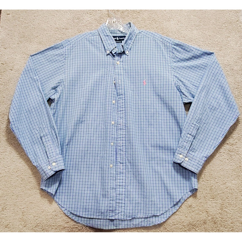 Ralph Lauren Shirt Men 16.5 Large Blue Green Paid Pink Pony Preppy Office Casual